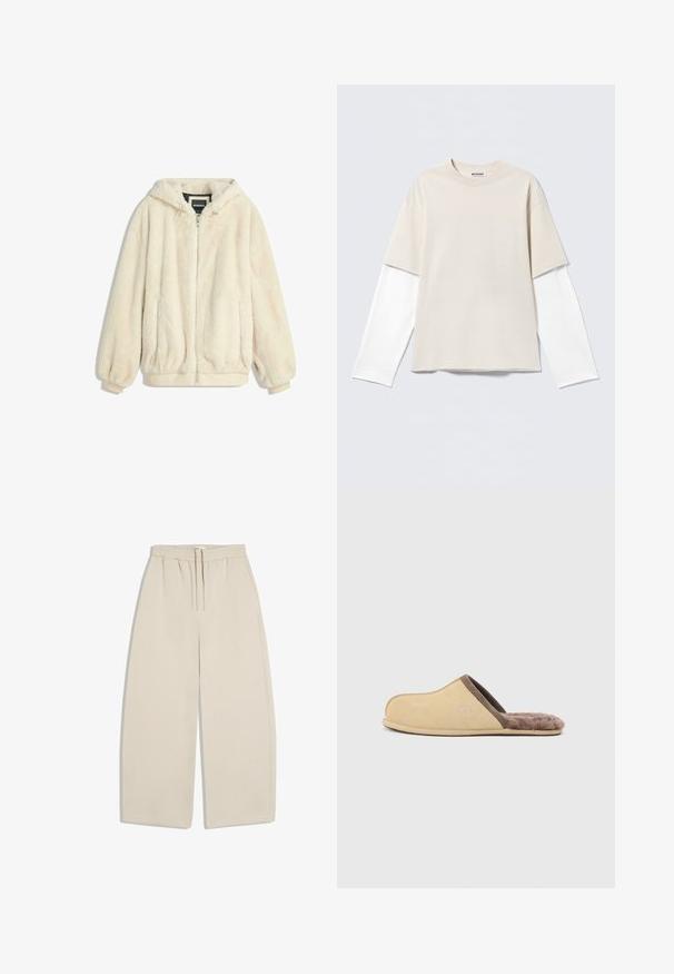 Cremefarvet faux fur jakke med hætte, lynlås lukning, elastiske manchetter og kant. Blød tekstur med en luksuriøs finish, velegnet til afslappet brug.; Beige T-shirt med korte ærmer lagt over en hvid langærmet skjorte med rund halsudskæring og "WEEKDAY" mærke indeni kraven.; Beige bukser med brede ben, elastik i taljen og snøre foran, lavet af blødt stof, vist fladt på en hvid baggrund.; Beige slip-on hjemmesko med brun kant og blødt pelsfor, flad sål og lukket tå, set fra siden på ensfarvet lyst baggrund.