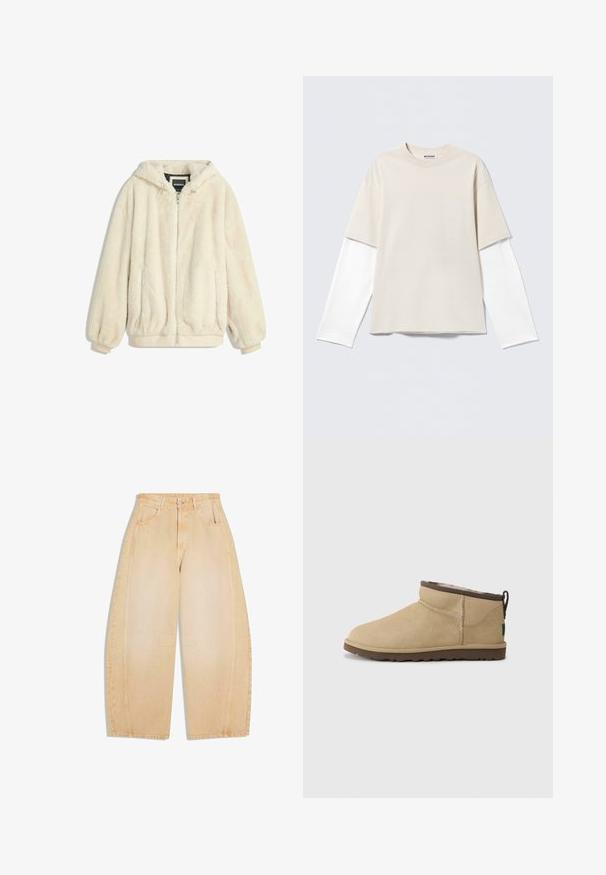 Cremefarvet faux fur jakke med hætte, lynlås lukning, elastiske manchetter og kant. Blød tekstur med en luksuriøs finish, velegnet til afslappet brug.; Beige T-shirt med korte ærmer lagt over en hvid langærmet skjorte med rund halsudskæring og "WEEKDAY" mærke indeni kraven.; Beige vidde cowboybukser med for- og baglommer, bæltestropper, knaplukning og sømdetaljer ved knæ og sider.; Beige ruskindsankelstøvle med en rundet tå, som har en brun accent øverst. Blødt inderfor og tekstureret gummisål.