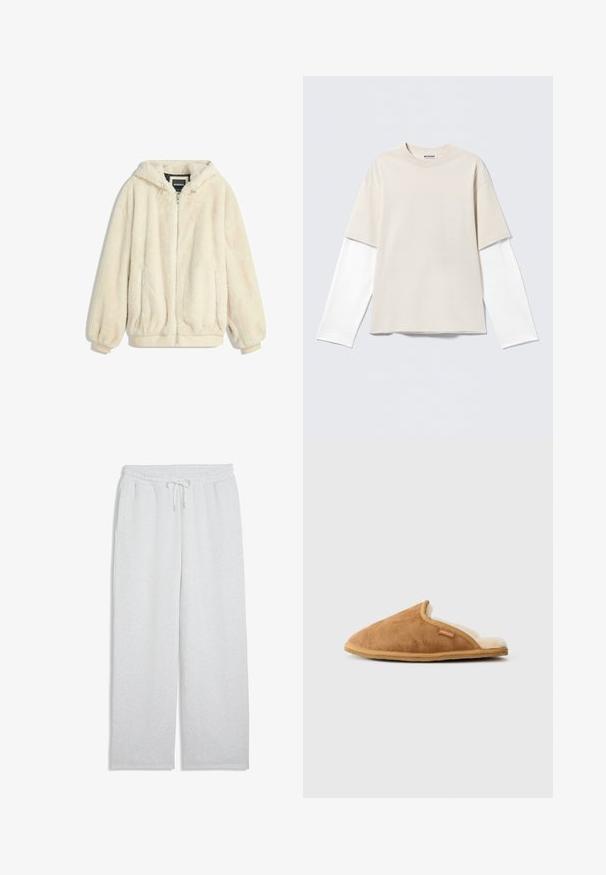 Cremfarbener Kunstfelljacke mit Kapuze, Reißverschluss, elastischen Bündchen und Saum. Weiche Textur mit plüschigem Finish, geeignet für lässige Outfits.; Beiges Kurzarm-T-Shirt, kombiniert mit einem weißen Langarmshirt mit Rundhalsausschnitt und "WEEKDAY"-Etikett innen am Kragen.; Hellgraue Jogginghose mit elastischem Bund und Kordelzug, geraden Beinen und Seitentaschen.; Braune Wildleder-Schlappen mit einem weichen cremefarbenen Innenfutter, offenes Design hinten und beiger Gummisohle. Verfügt über ein kleines Etikett auf der Oberseite.