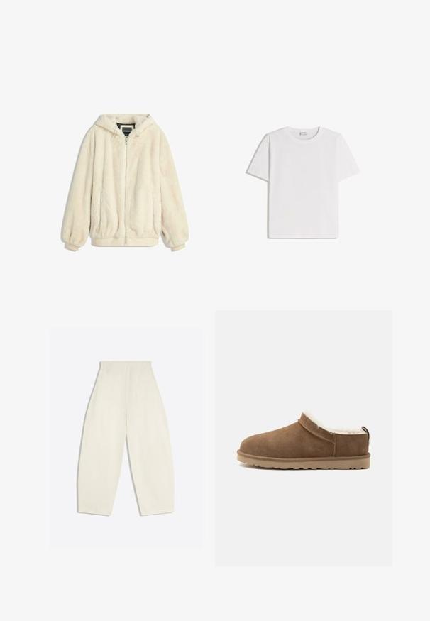Crème-kleurige nepbontjas met een capuchon, ritsluiting, elastische manchetten en zoom. Zachte textuur met een pluche afwerking, geschikt voor casual gebruik.; Wit katoenen T-shirt met een ronde hals en korte mouwen. Heeft een klassieke, rechte pasvorm zonder zichtbare patronen of accenten.; Crèmekleurige broek met hoge taille en wijde pijpen, met achterzakken en ceintuurlussen, plat gelegd op een lichte achtergrond.; Bruine suède instapslof met beige zool en witte fleece voering, ontworpen voor warmte en comfort binnenshuis.