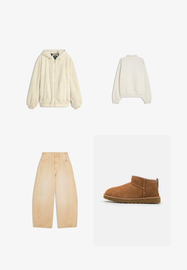 Cremfarbener Kunstfelljacke mit Kapuze, Reißverschluss, elastischen Bündchen und Saum. Weiche Textur mit plüschigem Finish, geeignet für lässige Outfits.; Hellegrauer Sweatshirt mit rundem Kragen, überschnittenen Schultern und gerippten Bündchen. Weiche Textur und lässige Passform, minimale Details auf der Rückseite.; Beige Jeans mit weitem Bein, Vorder- und Gesäßtaschen, Gürtelschlaufen, Knopfverschluss und Nahtdetails an Knien und Seiten.; Hellbraune Wildleder-Stiefelette mit runder Zehenform, dezenten Nähdetails und einer strukturierten Gummisohle. Kurze Höhe ohne Schnürsenkel.
