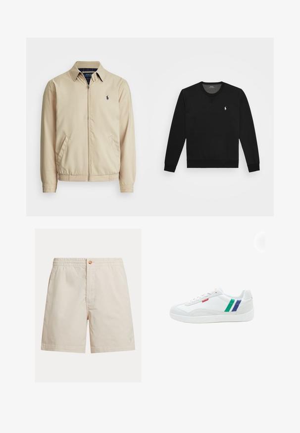 Lichtbeige ritsjack met een kraag, zijzakken, een elastische tailleband en een klein marineblauw logo op de borst. Soepele textuur.; Zwarte sweatshirt van zachte katoen, met een ronde hals, lange mouwen en een klein wit logo op de linkerkant van de borst. Gladde textuur.; Lichtbeige herenbroekje van een katoenmix, voorzien van een elastische tailleband, een knoopsluiting en een enkel logo vlakbij de zoom.; Witte sneaker met een canvas bovenkant, rubberen zool en contrasterende groene en paarse strepen aan de zijkant. Kleine rode logo-tag op de bovenkant.