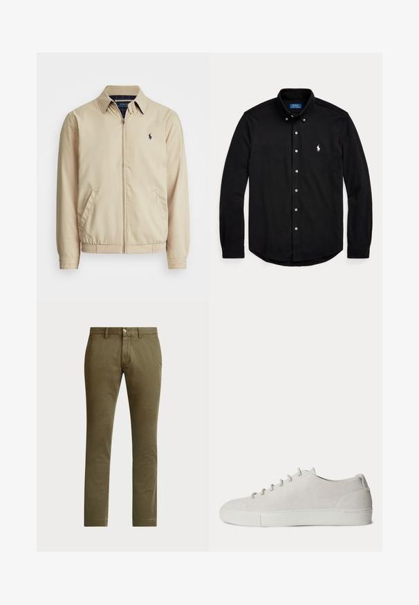 Lys beige zip-up jakke med kraveskær, sidelommer, elastisk talje og et lille marineblåt logo på brystet. Glat tekstur.; Sort langærmet skjorte med knaplukning og krave, hvidt Polo Ralph Lauren-logo på brystet og hvide knapper fortil.; Polo Ralph Lauren BEDFORD STRETCH SLIM FIT CHINO PANT - Chino - canopy olive; Hvid lav-sneakers i ruskind med snørelukning foran og gummisål, minimalistisk design.