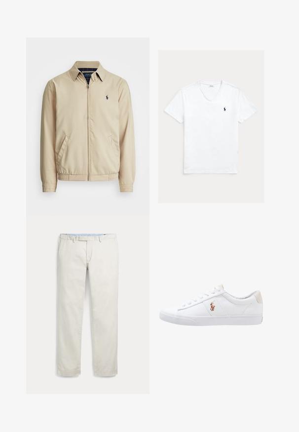 Lys beige zip-up jakke med kraveskær, sidelommer, elastisk talje og et lille marineblåt logo på brystet. Glat tekstur.; Hvid V-hals T-shirt med korte ærmer og lille mørkeblå Polo Ralph Lauren-logo på venstre bryst, vist fladt på en lys baggrund.; Lyse beige herre bukser med lige ben, bæltestropper og sidelommer, vist fladt på en hvid baggrund.; Hvide kanvas sneakers med lågtop design, prydet med en beige hælkappe og et lille broderet logo på siden. Gummisål.