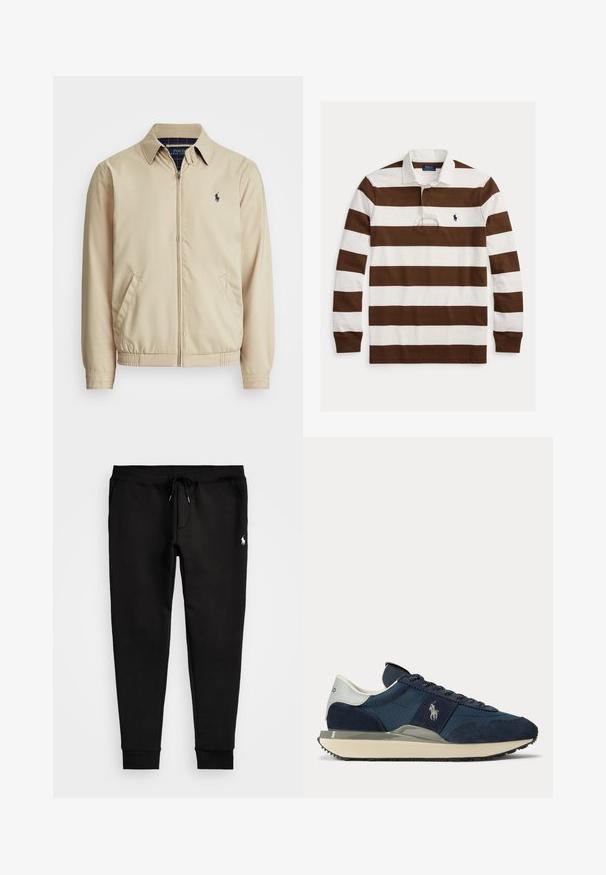 Helle beige Zip-Jacke mit Kragen, seitlichen Taschen, elastischem Bund und kleinem marineblauen Logo auf der Brust. Glatte Textur.; Langärmliges Rugbyshirt mit breiten horizontalen braunen und weißen Streifen, weißem Kragen und kleinem navyblauem Polo Ralph Lauren Logo auf der Brust.; Schwarze Sweatpants aus weichem Stoff, mit einem Kordelzugbund, eng anliegenden Bündchen und einem kleinen weißen Logo am linken Bein.; Marineblauer und weißer Sneaker mit Velours- und Stoffeinsätzen, weißem Logo an der Seite, weißem Fersenlaschen und beiger Sohle mit schwarzer Laufsohle.