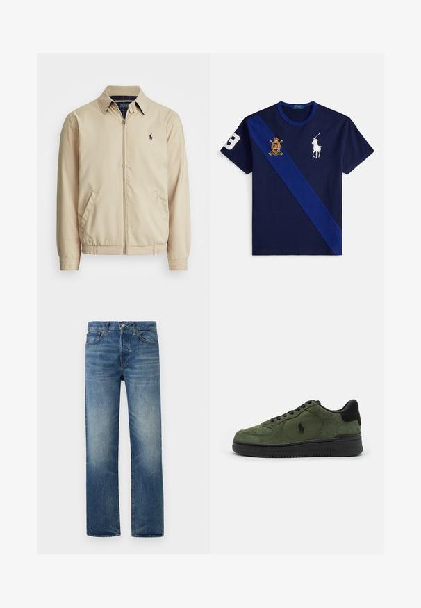 Helebeige tõmblukk-jakk, millel on kraega kaelus, küljetaskud, elastne vöökoht ja väike tumesinine logo rinnal. Sile tekstuur.; Tumesinine polosärk, millel on valge tikitud hobuselogo, sinine diagonaaltriip ja tikitud vapp numbriga 20.; Sinised pleekinud sirge säärega teksapüksid ees nööbi ja tõmblukuga kinnituse, vööaasade ja esitaskutega ühevärvilisel taustal.; Roheline sametist sneakers mustade aktsentidega, ümarate varvastega, nööridega disain ja tekstureeritud kummitald. Küljel on väike logo.