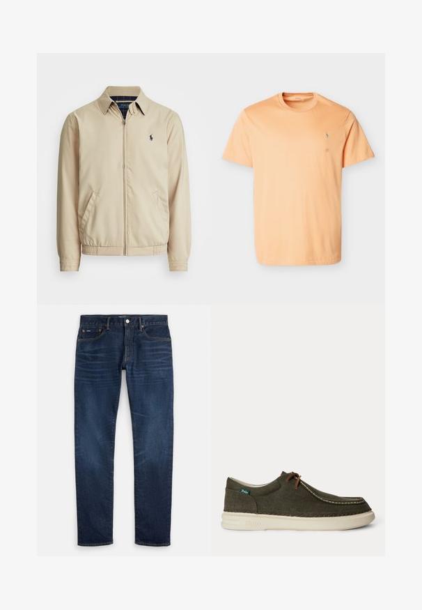 Lys beige zip-up jakke med kraveskær, sidelommer, elastisk talje og et lille marineblåt logo på brystet. Glat tekstur.; Lyseorange t-shirt med korte ærmer og rund halsudskæring med lille broderet logo på venstre bryst.; Mørkeblå slim-fit jeans med subtil falmning på lårene, fem-lomme-design og knaplukning ved taljen.; Casual olivengrøn lærredsko med brune snørebånd, hvide syninger og en hvid gummisål, der viser Polo-mærkater på siden og sålen.