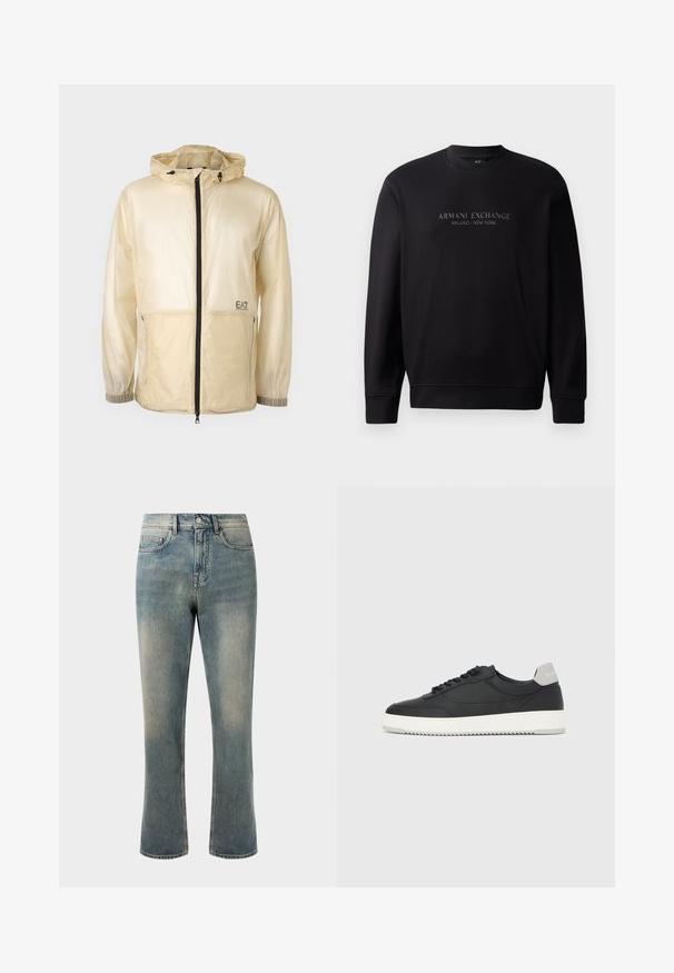 Chaqueta ligera beige tipo rompevientos con capucha, que cuenta con un cierre frontal completo, puños elásticos y un logo bordado en el lado izquierdo.; Sudadera negra de cuello redondo con la inscripción "ARMANI EXCHANGE MILANO / NEW YORK" en texto en relieve en la parte delantera. La tela es suave y cuenta con puños de canalé.; Jeans de mezclilla azul claro con pierna recta, cintura media y desvanecido sutil. Presenta un estilo clásico de bolsillos y costuras en contraste.; Zapatilla deportiva negra de caña baja con suela blanca y lengüeta gris en el talón, vista lateral sobre un fondo blanco liso.