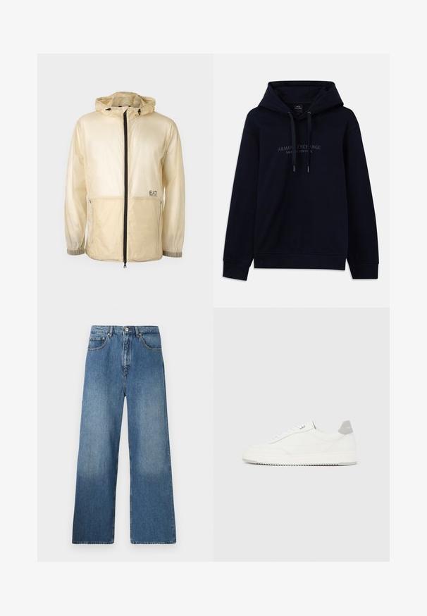 Veste coupe-vent beige légère avec capuche, dotée d'une fermeture éclair sur le devant, de poignets élastiques et d'un logo brodé sur le côté gauche.; Sweat à capuche bleu marine avec cordons de serrage et "Armani Exchange Milano / New York" imprimé sur la poitrine, avec des poignets et un ourlet côtelés.; Jean en denim bleu à jambes évasées avec un design classique à cinq poches, fermeture à bouton à l'avant et légères décolorations pour ajouter de la texture.; Baskets basses blanches avec un onglet de talon gris, des lacets blancs et une semelle texturée, présentées sur un fond uni clair.
