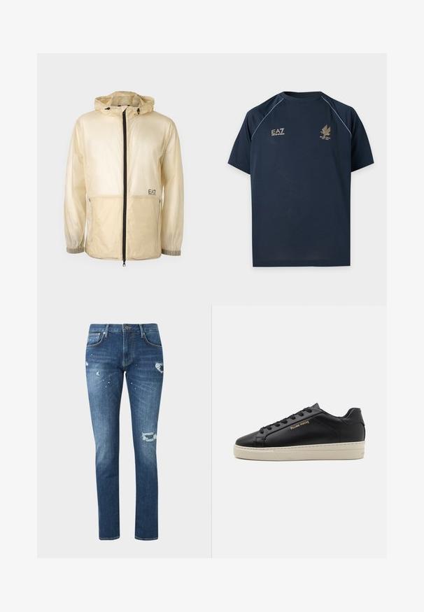 Chaqueta ligera beige tipo rompevientos con capucha, que cuenta con un cierre frontal completo, puños elásticos y un logo bordado en el lado izquierdo.; Camiseta deportiva azul marino de manga corta con cuello redondo, ribetes blancos en los hombros y dos logotipos dorados en el pecho.; Vaqueros azules de corte slim con detalles desgastados y salpicaduras de pintura, con bolsillos delanteros y cierre de botones sobre un fondo liso.; Zapatilla de cuero negra con un acabado suave, suela crema en contraste, puntera redonda, logo dorado en el lateral y seis ojales para los cordones.