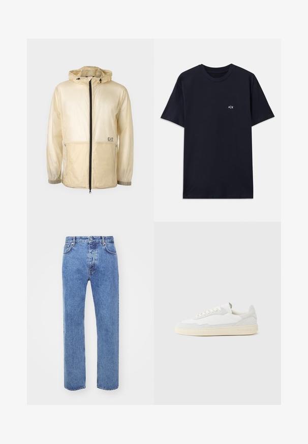 Letvægts beige vindjakke med hætte, der har en fuld frontlynlås, elastiske manchetter og et broderet logo på venstre side.; Mørkeblå bomulds T-shirt med korte ærmer og rund halsudskæring. Har et lille hvidt "A|X" logo på venstre brystområde.; Won Hundred STEVE - Jeans Relaxed Fit - cut blue; Hvid sneakers med en øvre del i tekstureret ruskind og læder. Har rundet tå, snørelukning og kontrasterende beige gummisål.