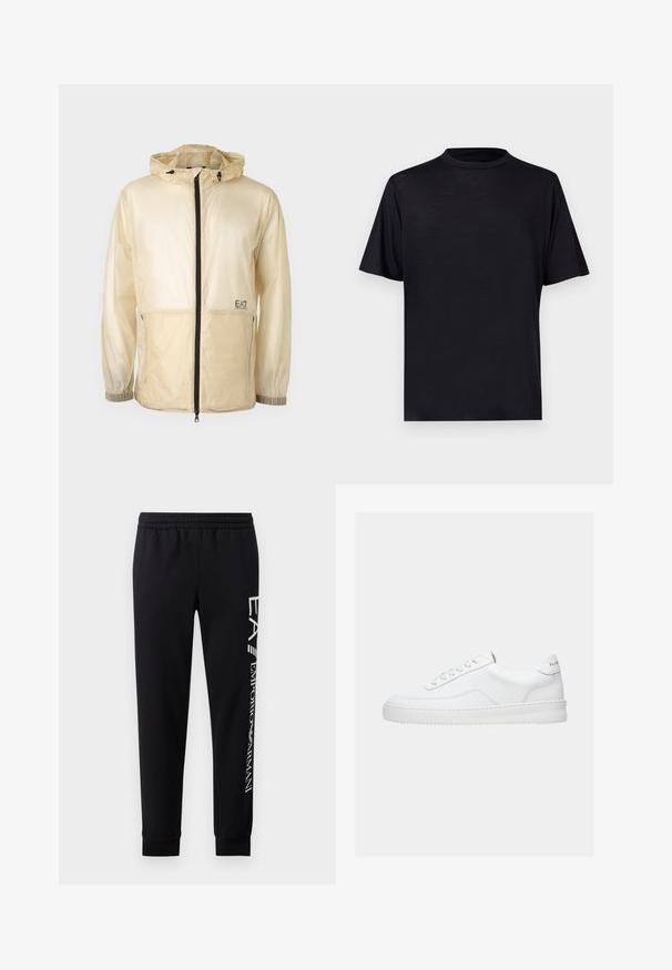 Leichte beige Windbreaker-Jacke mit Kapuze, ausgestattet mit einem durchgehenden Reißverschluss, elastischen Bündchen und einem gestickten Logo auf der linken Seite.; Schwarzes kurzärmliges T-Shirt mit hohem Ausschnitt, aus einem glatten, leichten Stoff gefertigt, mit einem minimalistischen Design ohne Muster oder Akzente.; Schwarze Sweatpants aus Baumwollmischung mit elastischem Taillenbund, schmal zulaufenden Beinen, gerippten Bündchen und weißem Logo-Druck entlang der Seite.; Weißer Sneaker mit niedrigem Schaft, Schnürdesign, glattem Lederobermaterial und dicker Sohle, von der Seite auf einfachem Hintergrund gezeigt.