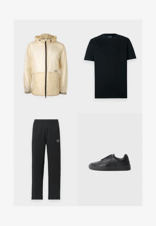 Leichte beige Windbreaker-Jacke mit Kapuze, ausgestattet mit einem durchgehenden Reißverschluss, elastischen Bündchen und einem gestickten Logo auf der linken Seite.; Schwarzes T-Shirt aus Baumwolle; mittig mit einem matten Logo-Design. Klassischer Rundhalsausschnitt, kurze Ärmel und gerader Saum.; Schwarze Sweatpants mit geradem Bein, elastischem Bund und schwarzem Patch-Logo auf dem oberen linken Oberschenkel.; Schwarze Leder-Sneaker mit glatter Oberfläche, abgerundeter Zehenpartie, strukturiertem Seitenpaneel und schwarzen Schnürsenkeln. Verfügt über eine flache Gummisohle und ein minimalistisches Design.