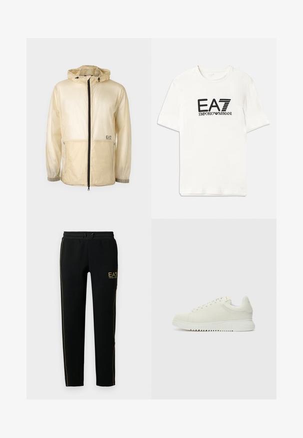 Chaqueta ligera beige tipo rompevientos con capucha, que cuenta con un cierre frontal completo, puños elásticos y un logo bordado en el lado izquierdo.; Camiseta blanca de algodón con un logo negro de EA7 y el texto "EMPORIO ARMANI". Mangas cortas, cuello redondo, corte regular, textura suave.; Los pantalones de chándal negros presentan un diseño entallado, una cinturilla elástica con cordón y franjas doradas en los costados y en el logo.; Zapatilla blanca de cuero con parte superior texturizada, punta redondeada, suela blanca plana y cordones tonales. Marca sutil en la lengüeta.