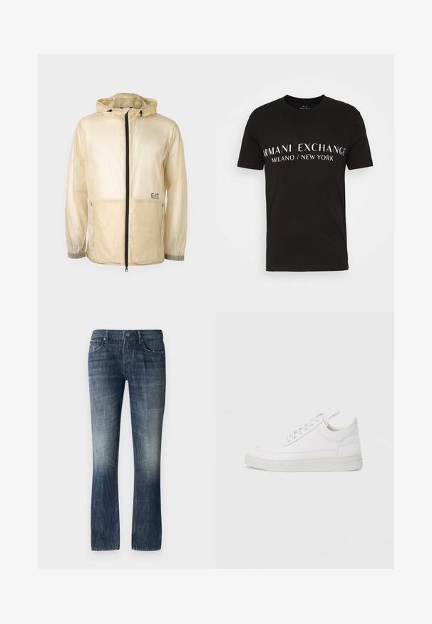 Chaqueta ligera beige tipo rompevientos con capucha, que cuenta con un cierre frontal completo, puños elásticos y un logo bordado en el lado izquierdo.; Camiseta de algodón negra con el texto "ARMANI EXCHANGE MILANO / NEW YORK" en blanco, con un clásico cuello redondo y mangas cortas.; Vaqueros de mezclilla en azul oscuro con un frente desgastado y ligero desgaste. Corte recto con una cinturilla y cinco bolsillos. Acentos de hardware plateado.; Zapatilla blanca de cuero con punta redondeada, suela plana y cierre de cordones. Presenta detalles de costuras y un cuello acolchado para mayor comodidad.