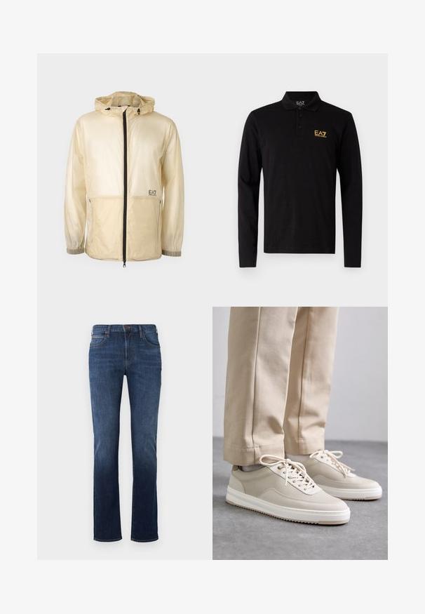 Lichte beige windbreaker jack met capuchon, voorzien van een volledige rits aan de voorkant, elastische manchetten en een geborduurd logo aan de linkerkant.; Zwarte polo met lange mouwen van katoen, voorzien van een drieknoopsluiting en een contrasterend geel geborduurd logo op de borst.; Donkerblauwe jeans met een rechte pasvorm, gemaakt van denim. Heeft een klassieke vijf-pocket ontwerp, gestikte naden en een sluiting met één knop.; Beige sneakers met een textuur bovenkant, witte zolen en gestikte accenten, gecombineerd met beige broeken, tentoongesteld op een grijze ondergrond.
