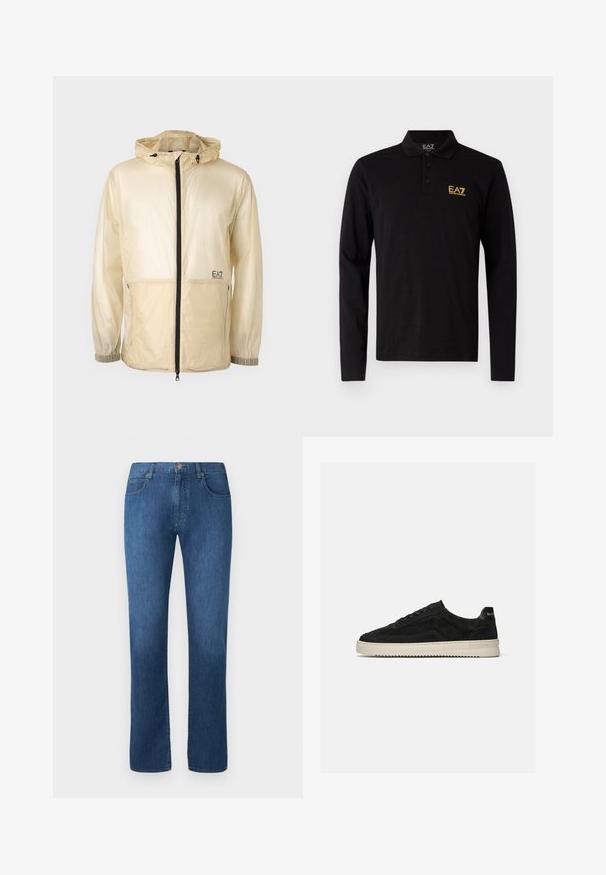 Chaqueta ligera beige tipo rompevientos con capucha, que cuenta con un cierre frontal completo, puños elásticos y un logo bordado en el lado izquierdo.; Camisa polo de manga larga negra de algodón, con una tapeta de tres botones y un logotipo bordado amarillo en contraste en el pecho.; Vaqueros de mezclilla de color azul oscuro con un diseño de pierna recta, cinco bolsillos y cierre de botón en la parte frontal. Textura suave y detalles de costura clásicos.; Zapatilla deportiva baja de ante negro con cordones negros y suela de goma blanca, vista lateral sobre fondo gris claro liso.