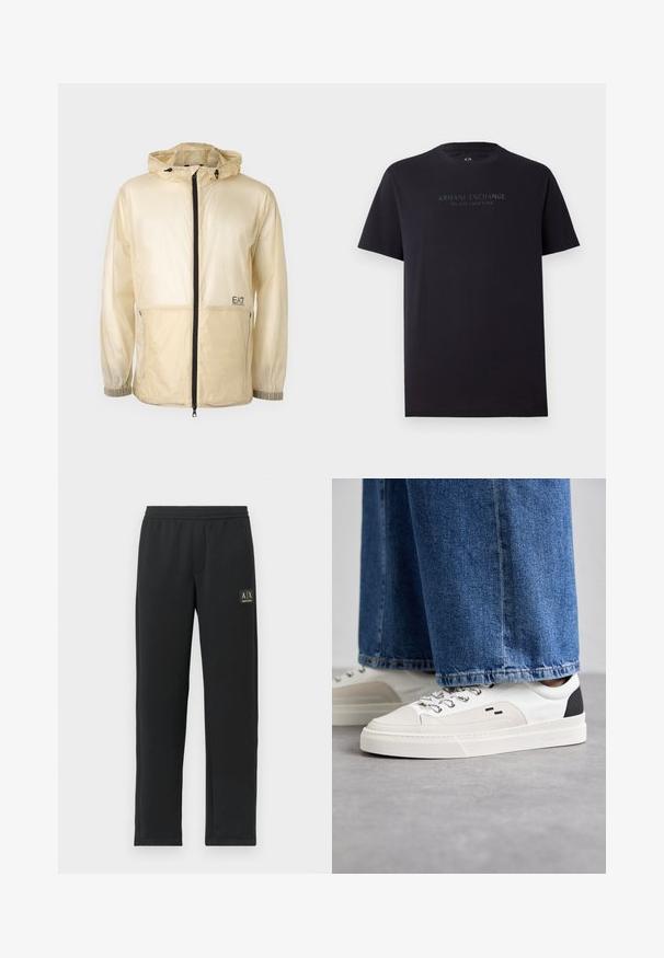 Chaqueta ligera beige tipo rompevientos con capucha, que cuenta con un cierre frontal completo, puños elásticos y un logo bordado en el lado izquierdo.; Camiseta de algodón negra de manga corta, con cuello redondo y un ajuste ligeramente relajado. Presenta "ARMANI EXCHANGE MILANO / NEW YORK" en texto gris oscuro.; Pantalones de chándal negros de pierna recta con cintura elástica y logotipo negro en el muslo izquierdo superior.; Zapatillas blancas y negras con una parte superior de cuero suave, acentos texturizados y una suela blanca gruesa. Presenta un diseño clásico de cordones.