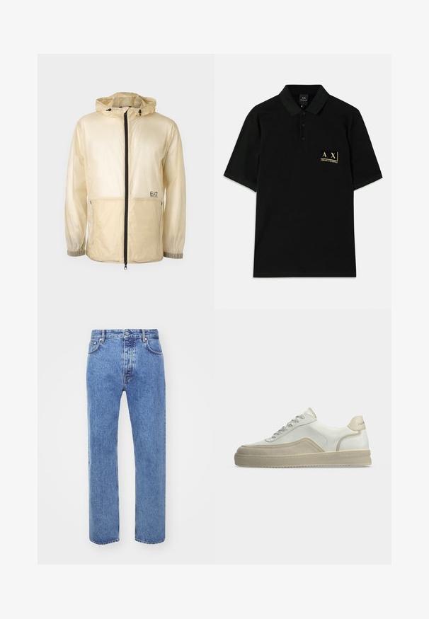 Lichte beige windbreaker jack met capuchon, voorzien van een volledige rits aan de voorkant, elastische manchetten en een geborduurd logo aan de linkerkant.; Zwarte polo shirt gemaakt van katoen, met een drieknoopsluiting en een gouden geborduurd logo op de linkerborst. Korte mouwen, klassieke pasvorm.; Won Hundred STEVE - Relaxed fit jeans - cut blue; Witte lage sneaker met beige suède details, veters aan de voorkant en een gebrandmerkte hielstrook op een eenvoudige lichte achtergrond.