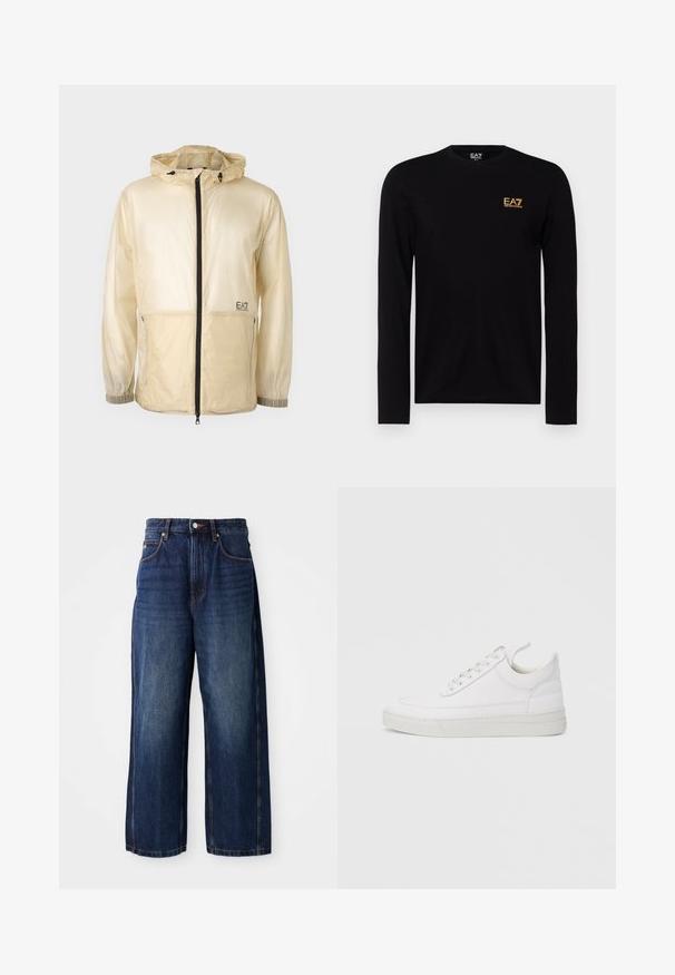 Chaqueta ligera beige tipo rompevientos con capucha, que cuenta con un cierre frontal completo, puños elásticos y un logo bordado en el lado izquierdo.; Camiseta negra de manga larga, hecha de algodón, con un logo dorado de EA7 en el lado izquierdo del pecho. Diseño de cuello redondo con mangas ajustadas.; Pantalones vaqueros de pierna ancha en azul oscuro, fabricados en denim. Presentan una cinturilla clásica con trabas para cinturón, bolsillos frontales y una silueta recta.; Zapatilla blanca de cuero con punta redondeada, suela plana y cierre de cordones. Presenta detalles de costuras y un cuello acolchado para mayor comodidad.