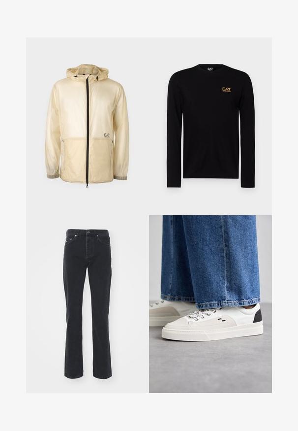 Lichte beige windbreaker jack met capuchon, voorzien van een volledige rits aan de voorkant, elastische manchetten en een geborduurd logo aan de linkerkant.; Zwart lange mouwen t-shirt van katoen, met een gouden EA7-logo op de linkerborst. Ronde hals ontwerp met aansluitende mouwen.; Zwarte denim jeans met een rechte pijpdesign, voorzien van vijf zakken en een knoopsluiting. De stof heeft een subtiele textuur en stevige afwerking.; Witte en zwarte sneakers met een glad leren bovenwerk, textuuraccenten en een chunky witte zool. Heeft een klassiek vetersluiting ontwerp.