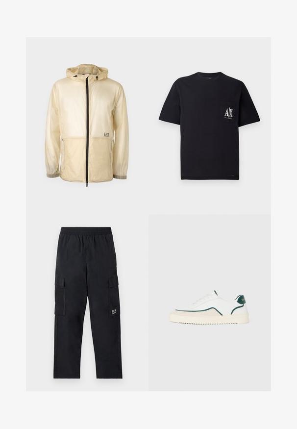 Letvægts beige vindjakke med hætte, der har en fuld frontlynlås, elastiske manchetter og et broderet logo på venstre side.; Sort bomulds T-shirt med rund hals og korte ærmer. Har en brystlomme med hvidt "A/X"-logo. Glat tekstur, afslappet pasform.; Sorte cargo bukser med elastisk talje, sidelommer og et lille logo på venstre ben. Fremstillet af let, glat stof.; Hvide lavtop sneakers med grønne detaljer, beige ruskind og en cremefarvet sål med en rilllet bund.