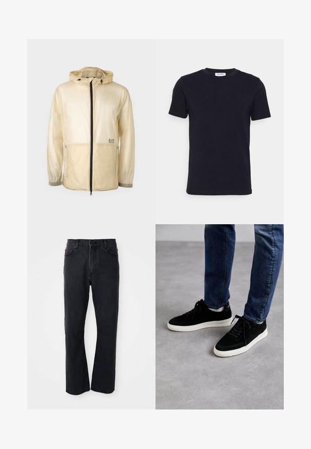Veste coupe-vent beige légère avec capuche, dotée d'une fermeture éclair sur le devant, de poignets élastiques et d'un logo brodé sur le côté gauche.; T-shirt noir à manches courtes avec un col ras-du-cou, muni d'une petite étiquette blanche à l'intérieur du col.; Jean en denim noir avec une coupe droite, taille haute, fermeture par bouton, et des détails de couture subtils le long des poches et des coutures.; Des baskets en suède noir avec une semelle en caoutchouc blanc, présentant un design classique à talon bas, un bout rond et des lacets plats noirs.