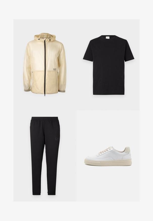 Letvægts beige vindjakke med hætte, der har en fuld frontlynlås, elastiske manchetter og et broderet logo på venstre side.; Sort bomulds T-shirt med rund hals og korte ærmer. Har et lige snit og et minimalistisk design, med et mærke synligt ved kraven.; Sorte joggingbukser lavet af blødt stof, med elastisk talje, tætsiddende manchetter og et lille logo trykt på siden.; Hvide sneakers med en glat læderoverdel, beige snørebånd og en tekstureret beige ruskindsheel-tab. Hævet sål for ekstra højde.