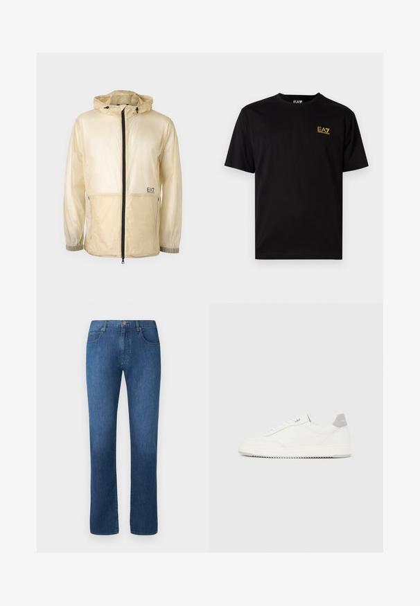 Leichte beige Windbreaker-Jacke mit Kapuze, ausgestattet mit einem durchgehenden Reißverschluss, elastischen Bündchen und einem gestickten Logo auf der linken Seite.; Schwarzes Baumwoll-T-Shirt mit kurzen Ärmeln, ausgestattet mit einem kleinen gelben gestickten Logo im linken Brustbereich. Klassisches Crew-Hals-Design.; Dunkelblaue Jeans aus Denim mit geradem Bein, fünf Taschen und einem Frontknopfverschluss. Glatte Textur und klassische Nähdetails.; Weißer Sneaker mit niedrigem Schaft, grauem Fersenlaschen, weißen Schnürsenkeln und einer strukturierten Sohle, dargestellt vor einem schlichten hellen Hintergrund.