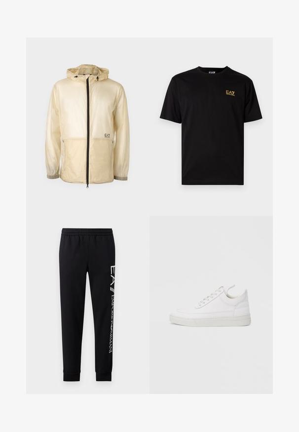 Chaqueta ligera beige tipo rompevientos con capucha, que cuenta con un cierre frontal completo, puños elásticos y un logo bordado en el lado izquierdo.; Camiseta de algodón negra de manga corta, con un pequeño logo bordado amarillo en el lado izquierdo del pecho. Diseño clásico de cuello redondo.; Pantalones de chándal negros hechos de una mezcla de algodón, con una cinturilla elástica, piernas estrechas, puños acanalados y estampado de logo blanco en el lateral.; Zapatilla blanca de cuero con punta redondeada, suela plana y cierre de cordones. Presenta detalles de costuras y un cuello acolchado para mayor comodidad.