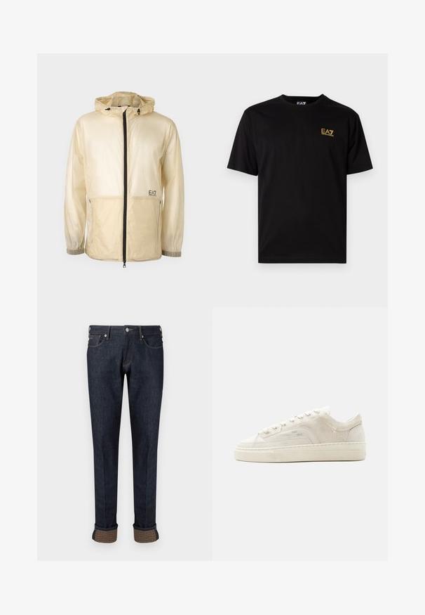 Leichte beige Windbreaker-Jacke mit Kapuze, ausgestattet mit einem durchgehenden Reißverschluss, elastischen Bündchen und einem gestickten Logo auf der linken Seite.; Schwarzes Baumwoll-T-Shirt mit kurzen Ärmeln, ausgestattet mit einem kleinen gelben gestickten Logo im linken Brustbereich. Klassisches Crew-Hals-Design.; Dunkelblaue Jeans aus Denim mit geradem Bein, ausgestattet mit einem umgeschlagenen Saum und einem markanten Akzent aus braunem Stoff auf den Bündchen.; Weißer Sneaker mit niedrigem Schaft, Schnürung, strukturiertem Stoffobermaterial und dicker Gummisohle, von der Außenseite auf einfachem Hintergrund gezeigt.