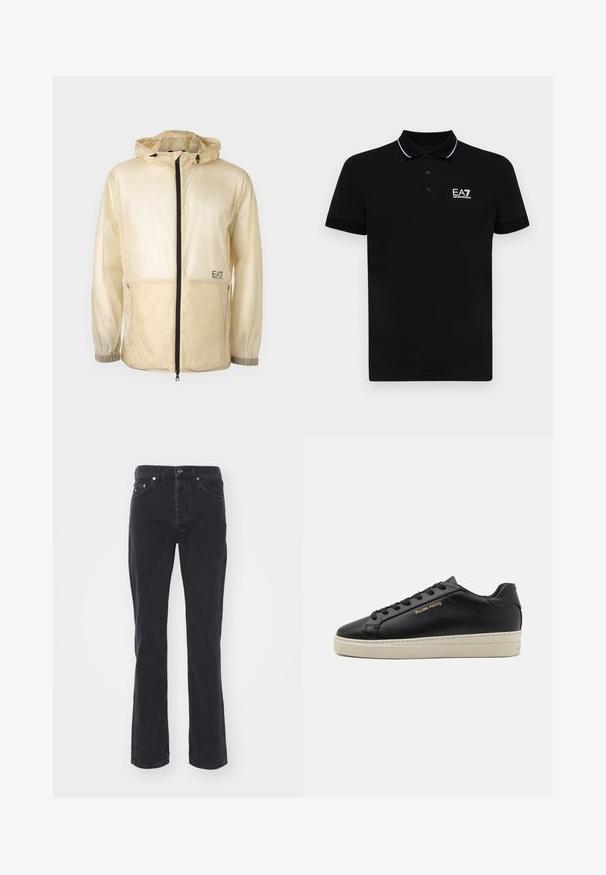 Lichte beige windbreaker jack met capuchon, voorzien van een volledige rits aan de voorkant, elastische manchetten en een geborduurd logo aan de linkerkant.; Zwart poloshirt met een kraag, drie knopen en witte accentstrepen. Geborduurd EA7-logo op de linkerkant van de borst. Korte mouwen.; Zwarte denim jeans met een rechte pijpdesign, voorzien van vijf zakken en een knoopsluiting. De stof heeft een subtiele textuur en stevige afwerking.; Zwarte leren sneaker met een gladde afwerking, contrasterende crèmekleurige zool, ronde neus, gouden logo aan de zijkant en zes gaatjes voor veters.