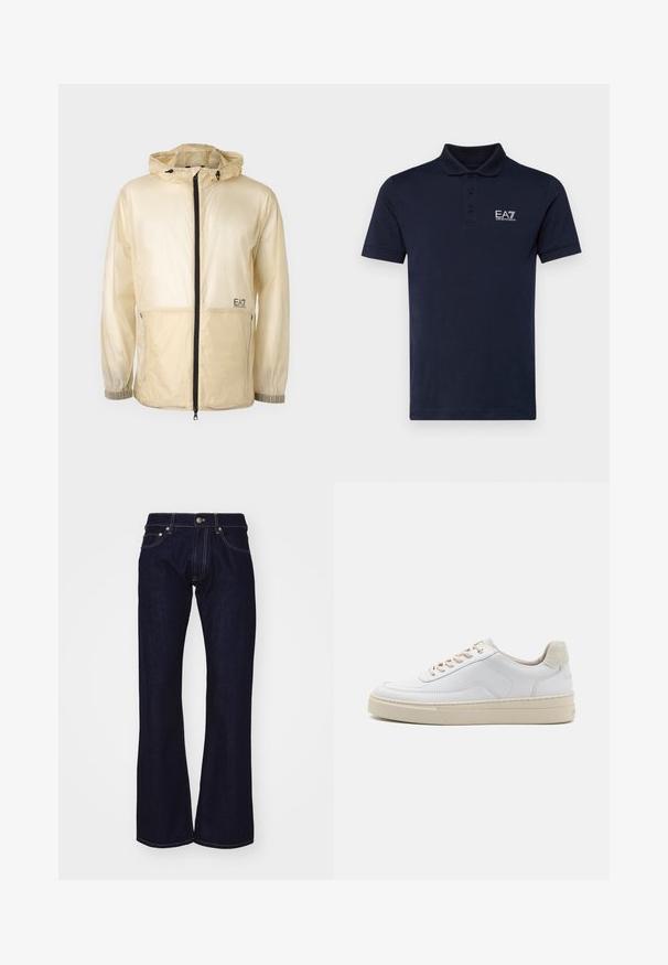 Lichte beige windbreaker jack met capuchon, voorzien van een volledige rits aan de voorkant, elastische manchetten en een geborduurd logo aan de linkerkant.; Navy blauwe polo met korte mouwen, gemaakt van zacht katoen. Voorzien van een drie-knopenpolo sluiting en een EA7-logo op de linkerborst. Klassieke pasvorm.; Donkerblauwe denim flared jeans met een hoge taille, voorzien van contrasterende gele stiksels en metalen accenten bij de taille en zakken.; Witte sneaker met een gevoerd leren bovenwerk, beige veters en een gestructureerde beige suede hieltab. Verhoogde zool voor extra hoogte.