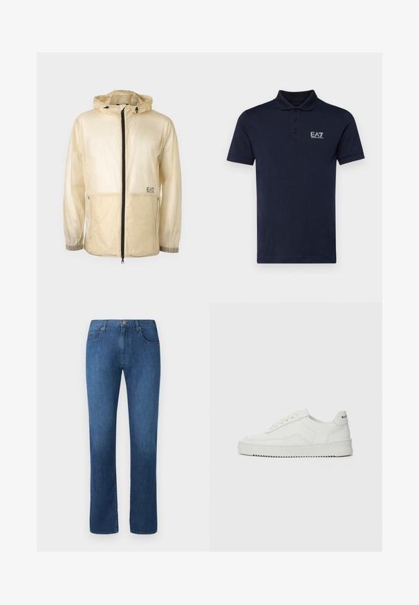Chaqueta ligera beige tipo rompevientos con capucha, que cuenta con un cierre frontal completo, puños elásticos y un logo bordado en el lado izquierdo.; Camiseta polo azul marino hecha de algodón suave, con un cierre de tres botones y el logo de EA7 en el lado izquierdo del pecho. Manga corta, corte clásico.; Vaqueros de mezclilla de color azul oscuro con un diseño de pierna recta, cinco bolsillos y cierre de botón en la parte frontal. Textura suave y detalles de costura clásicos.; Zapatilla de cuero blanca con un acabado suave, puntera redonda, cordones planos y suela texturizada. Cuenta con un sutil logo en el talón.