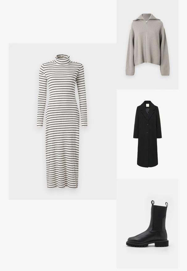 Sort lang uldfrakke med slag, to knapper, sidelommer og en glat indvendig foring.; Lyst grå ribbet zip-sweater med spredt krave og drop shoulders. Har et struktureret stof og et cropped design.; Langærmet, ribbestrikket midikjole med sort og hvid vandret striber og en tætsiddende turtleneckkrave.; AllSaints HALLIE - Plateaustøvletter - black