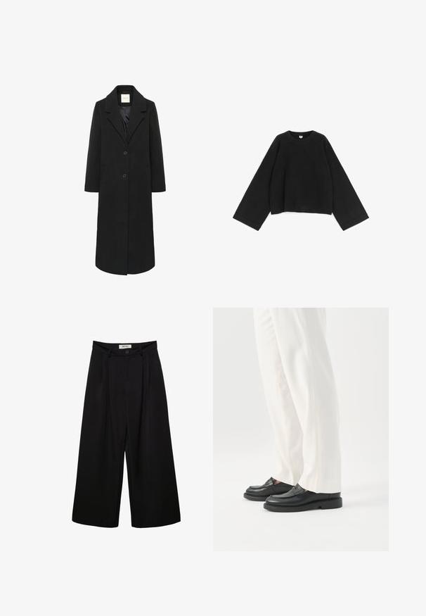 Sort lang uldfrakke med slag, to knapper, sidelommer og en glat indvendig foring.; Sort strikket sweater med brede, lange ærmer, rund halsudskæring samt ribstrikkede ærmeafslutninger og kant, lagt fladt på en hvid baggrund.; Sorte bukser med vide ben og høj talje, med forreste læg, to sidelommer og knaplukning. Glat stoftekstur.; Person iført hvide skræddersyede bukser og sorte læder loafers stående på hvid baggrund.