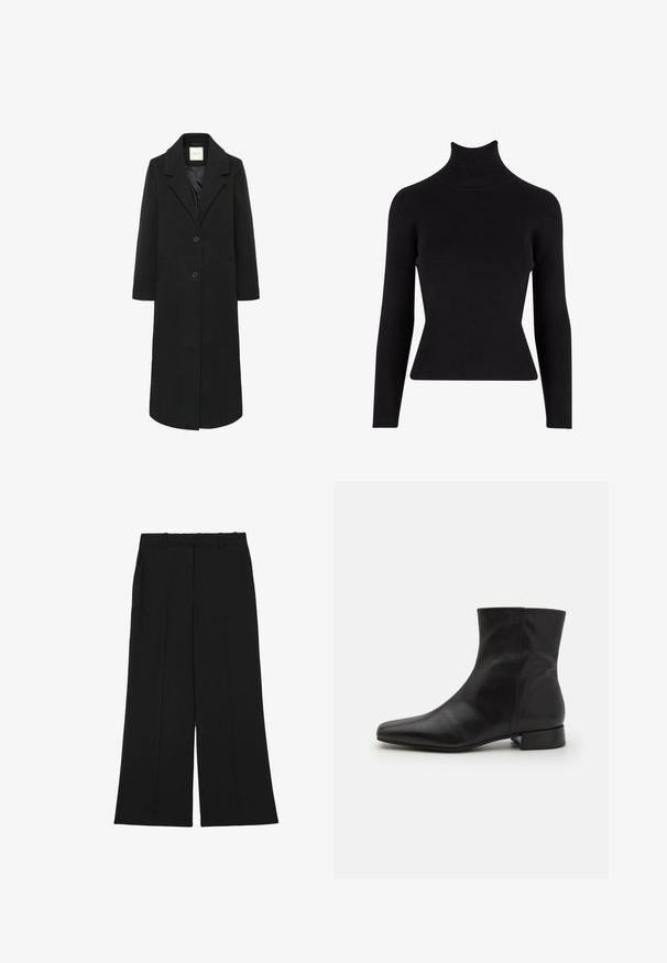Sort lang uldfrakke med slag, to knapper, sidelommer og en glat indvendig foring.; Sort ribbet turtleneck sweater med lange ærmer, tætsiddende silhuet, tekstureret stof og høj hals.; Sorte bukser med vide ben lavet af et glat stof. De har høj talje, dobbelt forreste læg og bæltestropper. Ingen synlige lommer eller pynt.; Sort læder ankelstøvle med spids tå, glat tekstur, minimalistisk design og en lav blokhæl. Sidelukning går op til anklen.