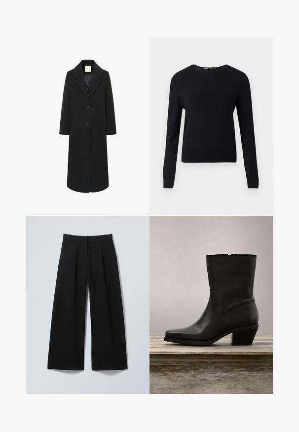 Sort lang uldfrakke med slag, to knapper, sidelommer og en glat indvendig foring.; Sort langærmet rundhalset sweater med ribstrikkede manchetter og kant, vist mod en ensartet lysegrå baggrund.; Sorte viddebukser med bæltestropper, forlommer samt plissé foran, lagt fladt på en lys baggrund.; Sort læder ankelstøvle med spids tå, lav blokhæl, glat overflade og minimalistsk syning. Lynlåslukning synlig på bagsiden.