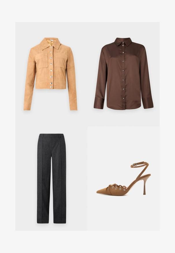 Chaqueta corta de ante color marrón con mangas largas, dos bolsillos delanteros con solapa, botones a presión plateados y un cuello puntiagudo sobre un fondo blanco.; Camisa marrón de manga larga con botones, con cuello clásico, botones plateados y tela lisa y texturizada.; Pantalones de color gris oscuro, ajustados y con un diseño de pierna recta, fabricados con un tejido texturizado y sutiles motas. Presentan un frente plano y trabillas para el cinturón.; Salón de ante marrón con tacón alto, puntera puntiaguda, bordes festoneados, detalles de ojales plateados y correa al tobillo con hebilla.