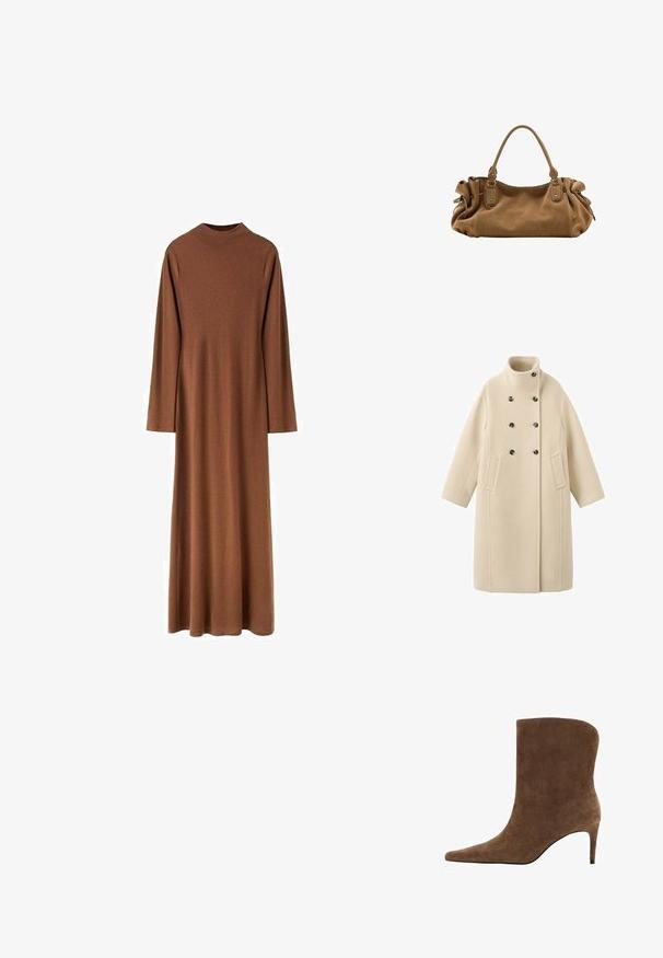 Manteau en mélange de laine beige avec un col haut, un design croisé à double boutonnage, des boutons noirs et des poches latérales, doté d'une silhouette droite.; Robe marron à manches longues, col montant, longueur jusqu'aux chevilles, en tissu lisse avec une coupe droite et ample.; Bottine en daim brun avec un bout pointu et un talon fin, présentant un design supérieur épuré et une texture lisse.; Sac à main en daim marron doux avec une poignée supérieure unique et des détails latéraux froncés maintenus par des sangles en cuir et des anneaux métalliques.
