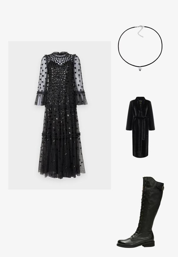 Zwarte nepbont badjas met lange mouwen, tailleceintuur en een sjawlzoom. Heeft een gladde textuur en een knielange snit.; Needle & Thread GLISTEN TIERED GOWN - Galajurk - graphite; Zwarte leren kniehoog laars met vetersluiting aan de voorkant, zilveren oogjes en een bucklet aan de zijkant. Heeft een gestructureerde afwerking en een gestapelde hak.; Zwart koord choker ketting met een zilveren spinnencharme met een zwart stenen lichaam. Verstelbare sluiting met een kleine uitbreidingsketting.