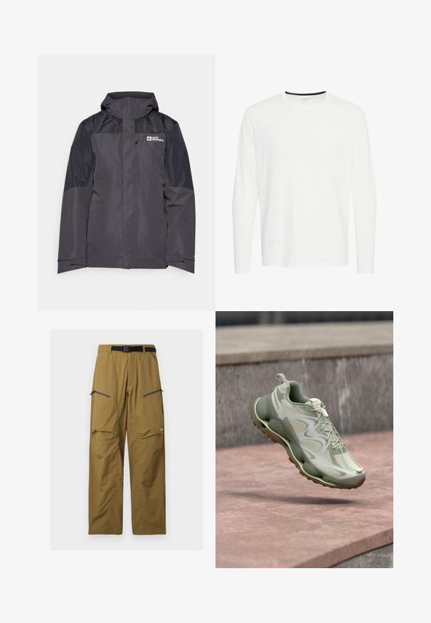 Jack Wolfskin ROMBERG 3IN1 - Blouson - phantom; Chemise à manches longues en coton blanc, encolure ronde, avec un accent noir au col. Texture lisse, ourlet droit, sans motifs ni embellissements.; Pantalon de plein air kaki avec ceinture noire réglable, deux poches zippées sur les cuisses et coutures au niveau des genoux, présenté sur un fond uni.; Chaussure de sport vert clair avec semelle épaisse et rembourrée, détails en mesh, flottant au-dessus de marches en pierre dans un cadre extérieur.
