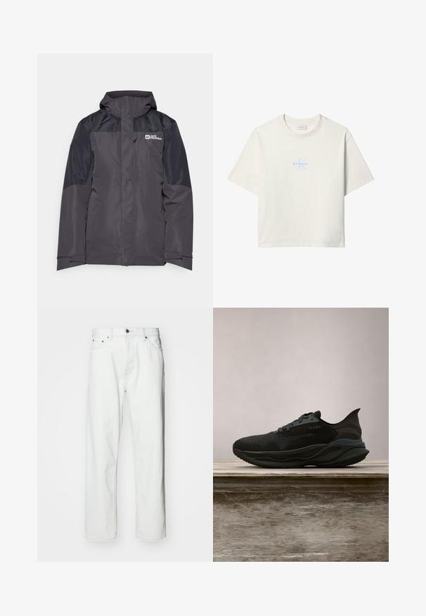 Jack Wolfskin ROMBERG 3IN1 - Blouson - phantom; T-shirt blanc à manches courtes avec logo Calvin Klein bleu clair centré sur la poitrine et col rond.; Jean en denim blanc avec une coupe droite, design à cinq poches, fermeture à bouton et détails de coutures subtils. Texture lisse et style minimaliste.; Baskets de sport noires avec une tige texturée et un design à lacets, présentées sur une surface en bois en extérieur avec de la verdure en arrière-plan.