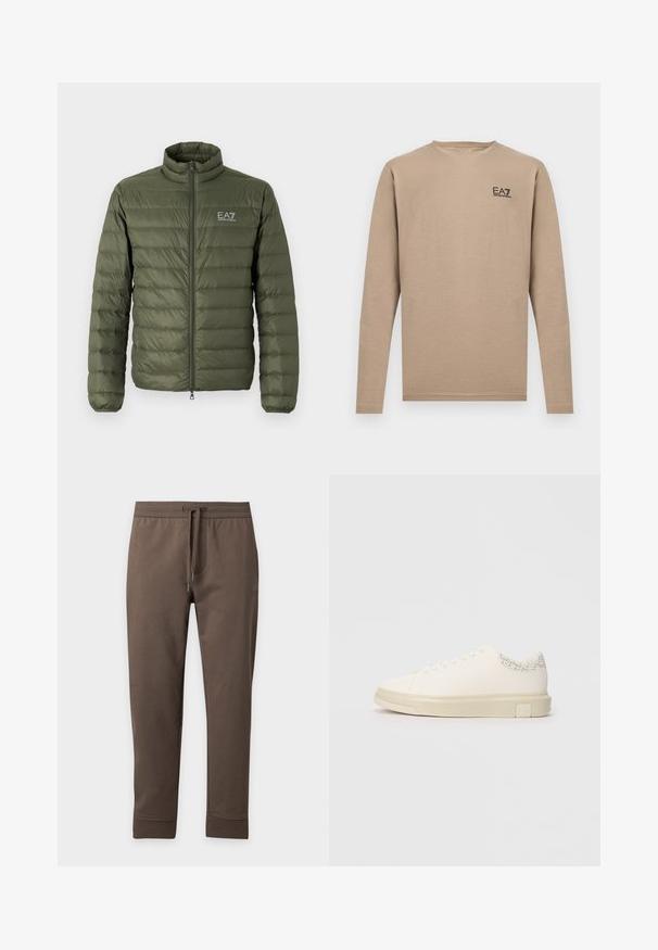 Oliven grøn pufferjakke med høj krave, quiltet design, lynlås foran og EA7-logo på venstre bryst. Glat tekstur, letvægtsmateriale.; Beige langærmet crewneck-trøje med lille sort EA7 Emporio Armani-logo på øverste venstre bryst.; Brune, tilspidsede joggingbukser med elastisk linning og snøre, vist fladt på en lys baggrund.; Hvide sneakers med en glat lærredsoverdel, flade snørebånd, polstret krave og en struktureret grå detalje bagpå. Kraftig gummisål.