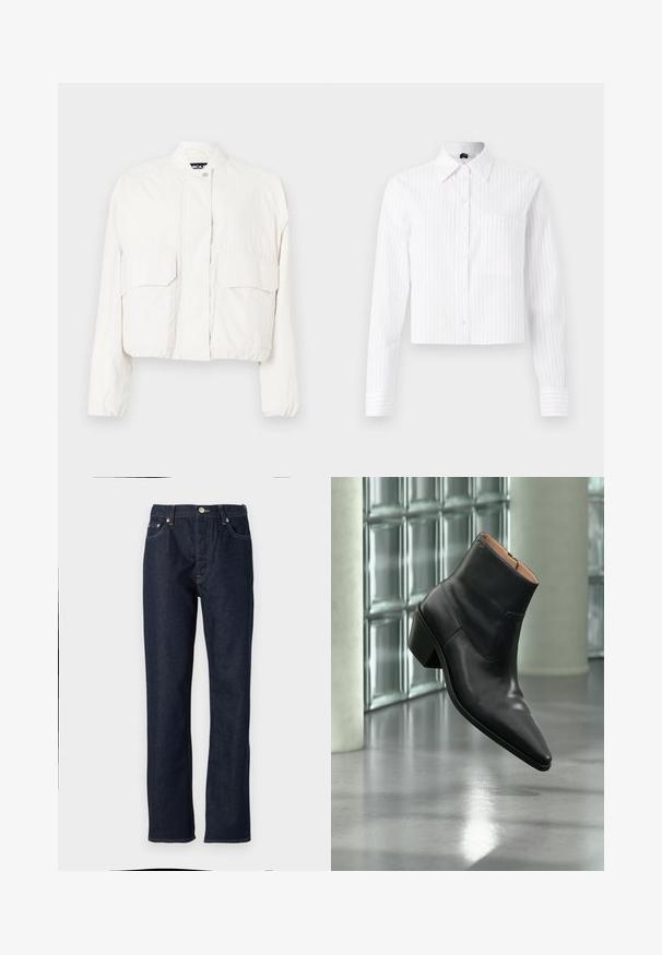 Veste blanche courte en tissu léger, dotée de deux poches avant, d'un col montant et d'une fermeture à pression sur le devant.; Chemise courte blanche à boutons avec des rayures verticales bleu clair, manches longues, poche poitrine unique et col classique. Tissu en mélange de coton.; Jean en denim bleu foncé avec une coupe droite, dotée d'une fermeture à bouton et à glissière, d'un design à cinq poches et de détails de surpiqûres contrastées.; Bottine en cuir noir avec un bout pointu et un talon carré lévitant au-dessus d'un sol gris réfléchissant près d'un mur en blocs de verre.