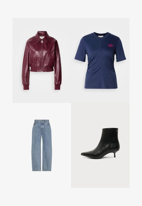 Calvin Klein Jeans CROPPED CRINKLE - Μπουφάν τύπου bomber - deep rouge; Ναυτικό κοντομάνικο μπλουζάκι σε μαλακό ύφασμα, διαθέτει στρογγυλή λαιμόκοψη, ραμμένο πλευρικό σχέδιο και αντίθετο ροζ λογότυπο στο στήθος.; Τζιν παντελόνια ψηλόμεσα σε ανοιχτό μπλε χρώμα με ίσια, φαρδιά πόδια, μπροστινές τσέπες, θηλιές για ζώνη και κούμπωμα με κουμπί και φερμουάρ.; Μαύρο δερμάτινο μποτάκι γύρω από τον αστράγαλο με μυτερή μύτη και χαμηλό τακούνι σε ανοιχτό φόντο, εμφανίζει την εξωτερική πλευρά.