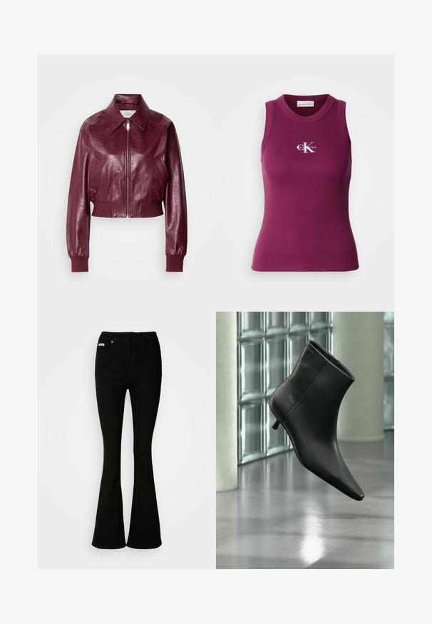 Calvin Klein Jeans CROPPED CRINKLE - Bomberjakke - deep rouge; Ribbet, ærmeløs tanktop i mørkelilla med rund hals og hvid "Calvin Klein"-logo på brystet. Blødt stof med en tætsiddende pasform.; Sorte bukser med flare, der har en tætsiddende talje, lavet af blødt denim. Har to forlommer og en klassisk knap- og lynlåslukning.; Sort læderankelstøvle med spids tå og lav kitten-hæ, vist vinklet mod en poleret gulv- og glasblokvæg.