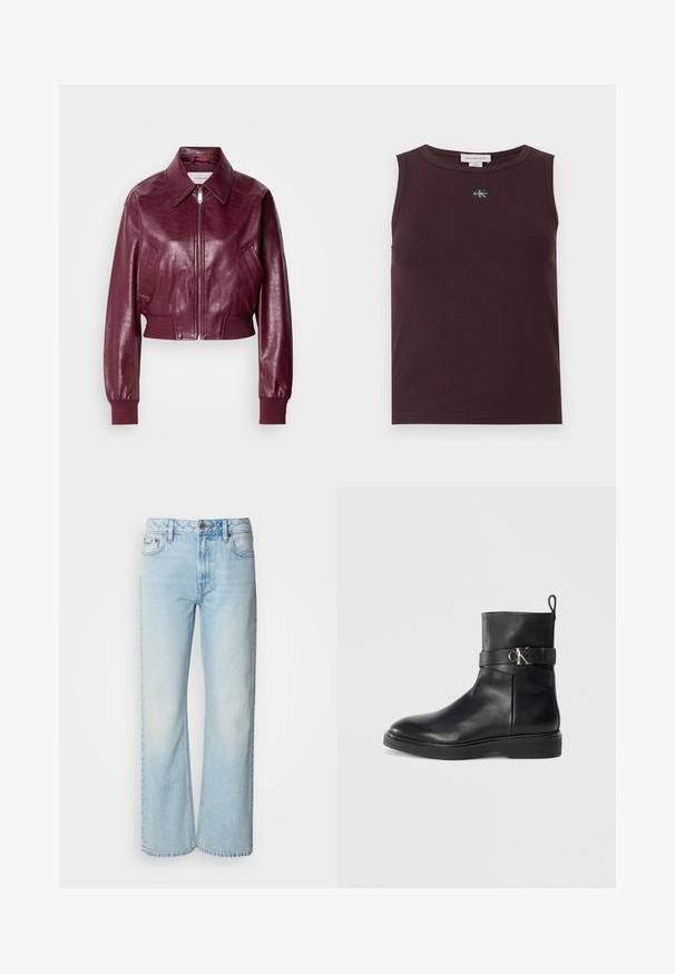 Calvin Klein Jeans CROPPED CRINKLE - Bomberjakke - deep rouge; Bordeauxrød ærmeløs top i ribstrikket stof med sort logo-patch, rund halsudskæring og tætsiddende design. Glat tekstur og ren finish.; Lyseblå brede jeans lavet af denim med et klassisk fem-lomme design og en subtil falmet tekstur. Denim-syninger er synlige.; Sort læder ankelstøvle med flad sål, der har en sidelås og detalje med sølvfarvet CK-logo. Glat overflade og strømlinet design.