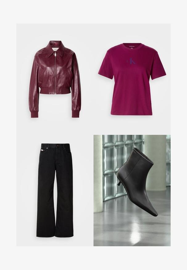 Calvin Klein Jeans CROPPED CRINKLE - Bomberjakke - deep rouge; Magenta bomulds-t-shirt med rund hals, korte ærmer og et blåt logo på brystet. Har en afslappet pasform og en glat tekstur.; Sorte breddebenede jeans lavet af bomuld. Har forlommer, en knaplukning og en klassisk denimtekstur. Minimalistisk design uden mønstre.; Sort læderankelstøvle med spids tå og lille hæl vist mod en væg af glasblokke og poleret gulv baggrund.