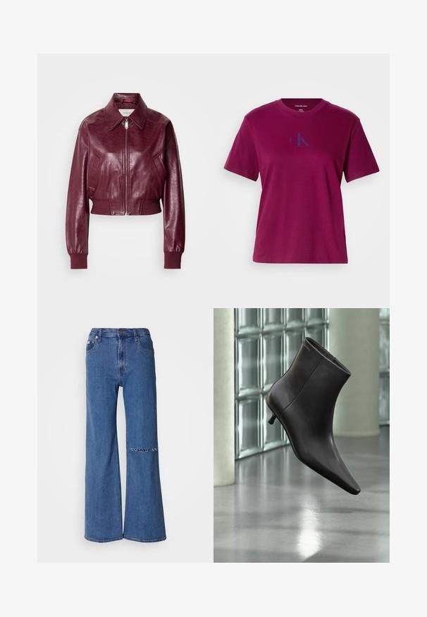 Calvin Klein Jeans CROPPED CRINKLE - Bomberjakke - deep rouge; Magenta bomulds-t-shirt med rund hals, korte ærmer og et blåt logo på brystet. Har en afslappet pasform og en glat tekstur.; Bredde jeans i mellemmørk blå denim, med høj talje, forlommer og et slidt lap-detalje på venstre knæ.; Sort læderankelstøvle med spids tå og lille hæl vist mod en væg af glasblokke og poleret gulv baggrund.